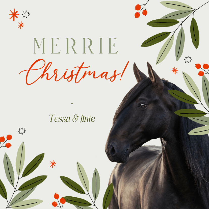 Kerstkaarten - Leuke kerstkaart merrie christmas met paard en bladeren