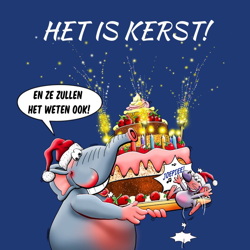 Kerstkaarten - Leuke kerstkaart met een grappige olifant en muis