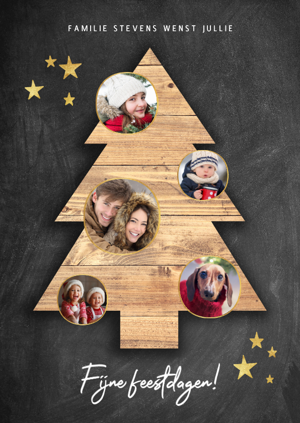 Kerstkaarten - Leuke kerstkaart met houten kerstboom, foto's en krijtbord