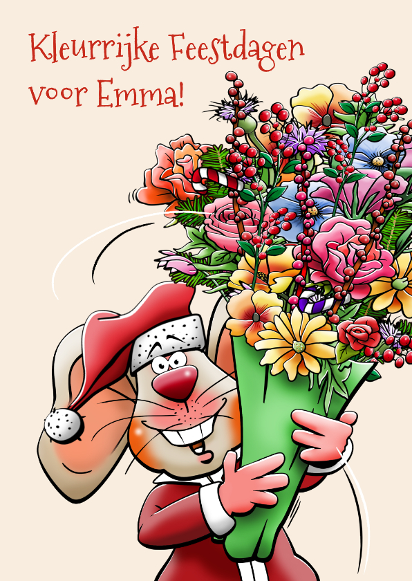 Kerstkaarten - Leuke kerstkaart met muis en bos bloemen