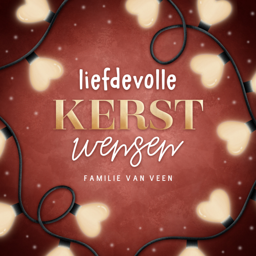 Kerstkaarten - Liefdevolle kerstkaart kerstlampjes in hartvorm & typografie