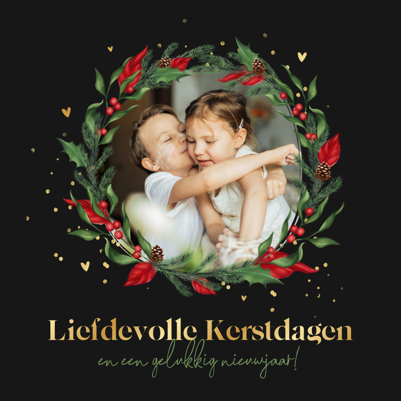 Kerstkaarten - Liefdevolle kerstkaart kersttakjes krans goud hartjes foto	