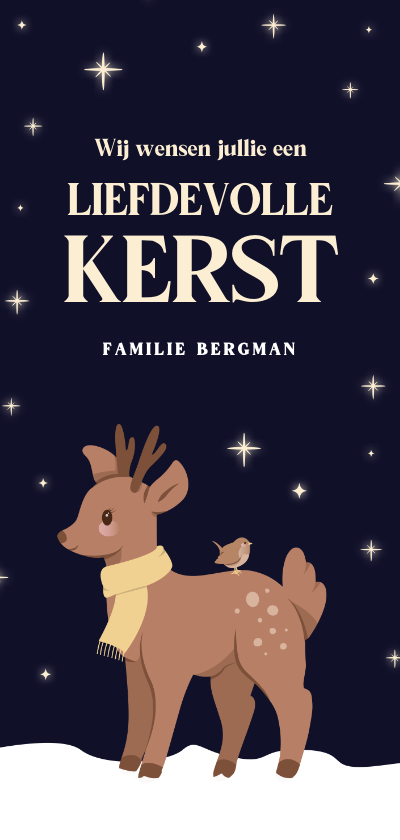 Kerstkaarten - Liefdevolle kerstkaart met hertje vogel en sterren