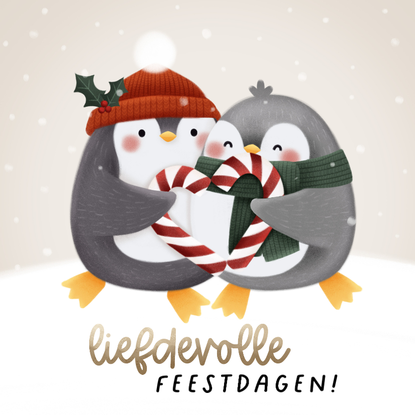 Kerstkaarten - Liefdevolle kerstkaart pinguïns zuurstok hartje en sneeuw