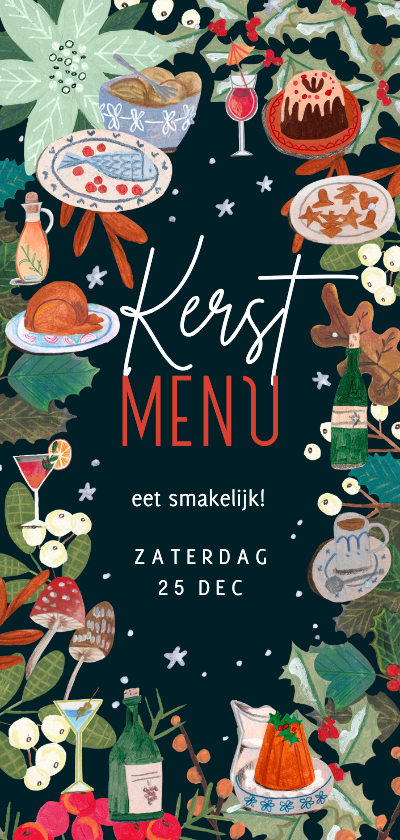 Kerstkaarten - Menukaart botanisch kerstdiner maaltijden en dranken