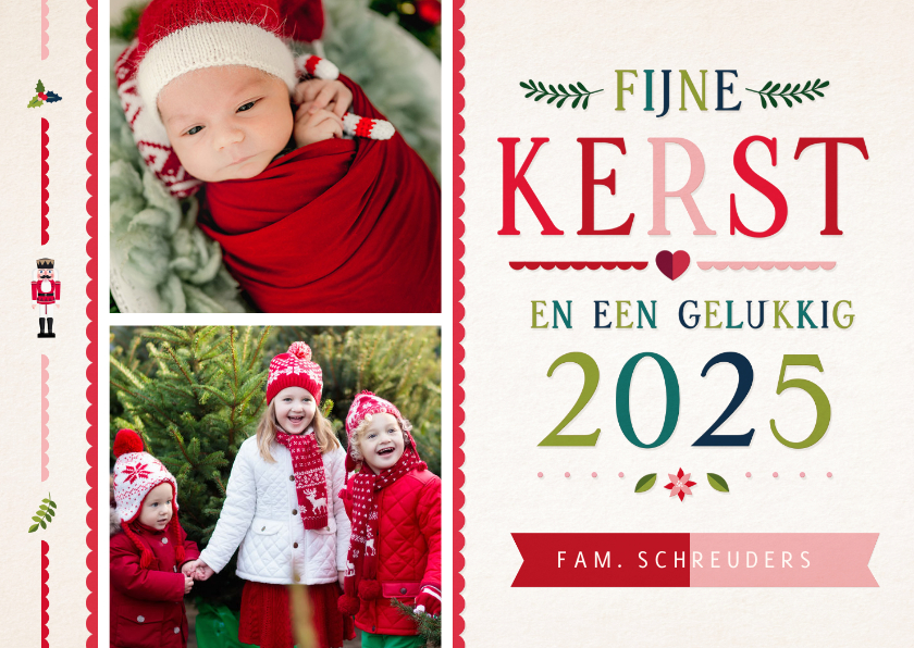 Kerstkaarten - Moderne vintage look kerstkaart met 2 eigen foto's voorop