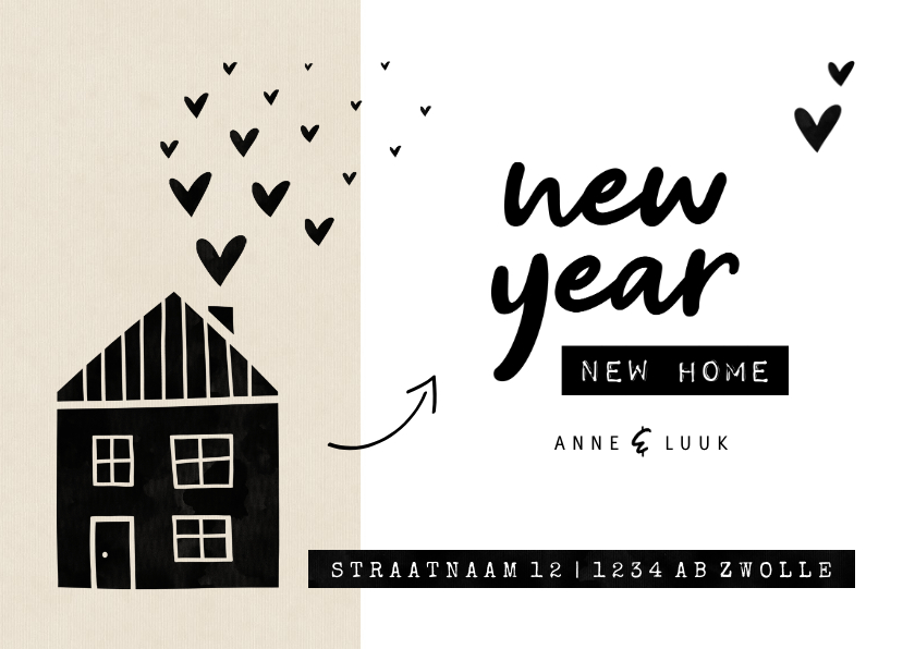 Kerstkaarten - New year new home kraft huisje met hartjes