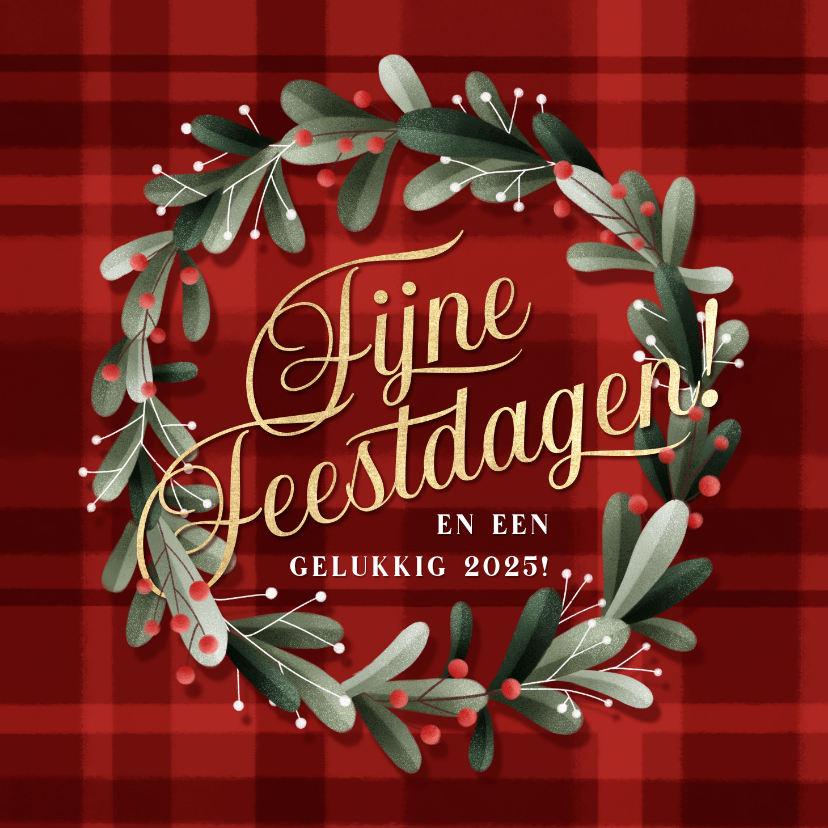 Kerstkaarten - Nostalgisch kerstkaartje kerstkrans en ruitjes achtergrond