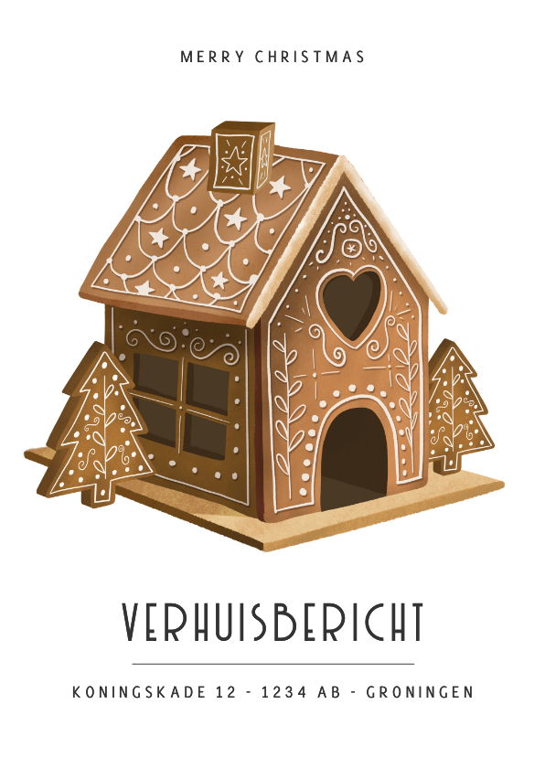 Kerstkaarten - Originele kerst verhuiskaart met peperkoek huisje