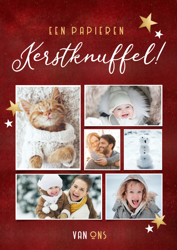 Kerstkaarten - Rode fotocollage kerstkaart - papieren kerstknuffel van ons 