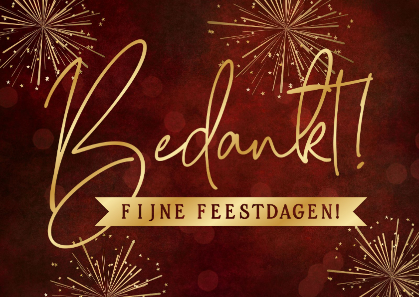 Kerstkaarten - Rode kerst bedankkaart met gouden vuurwerk