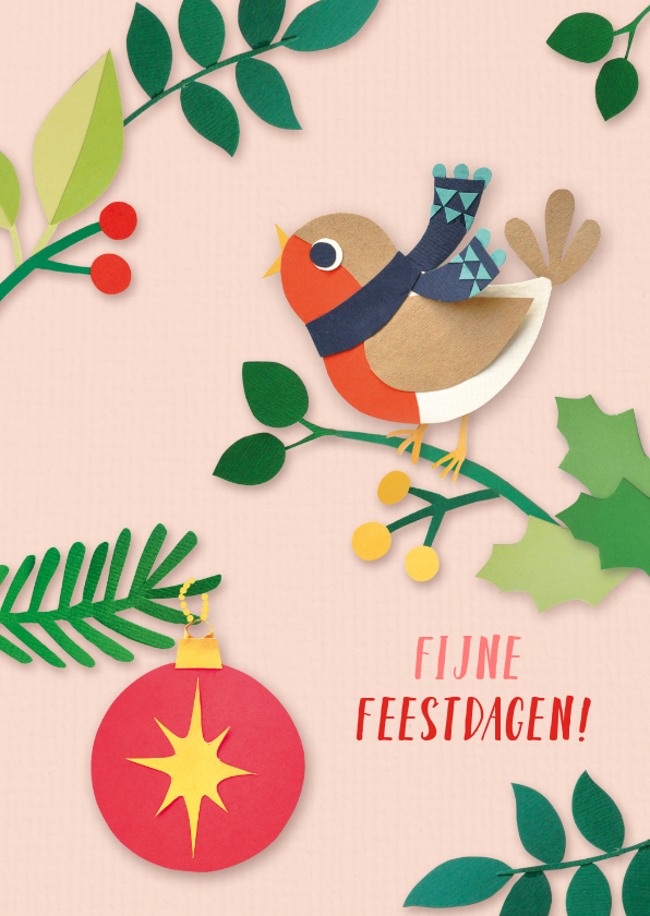 Kerstkaarten - Roze kerstkaart met roodborstje