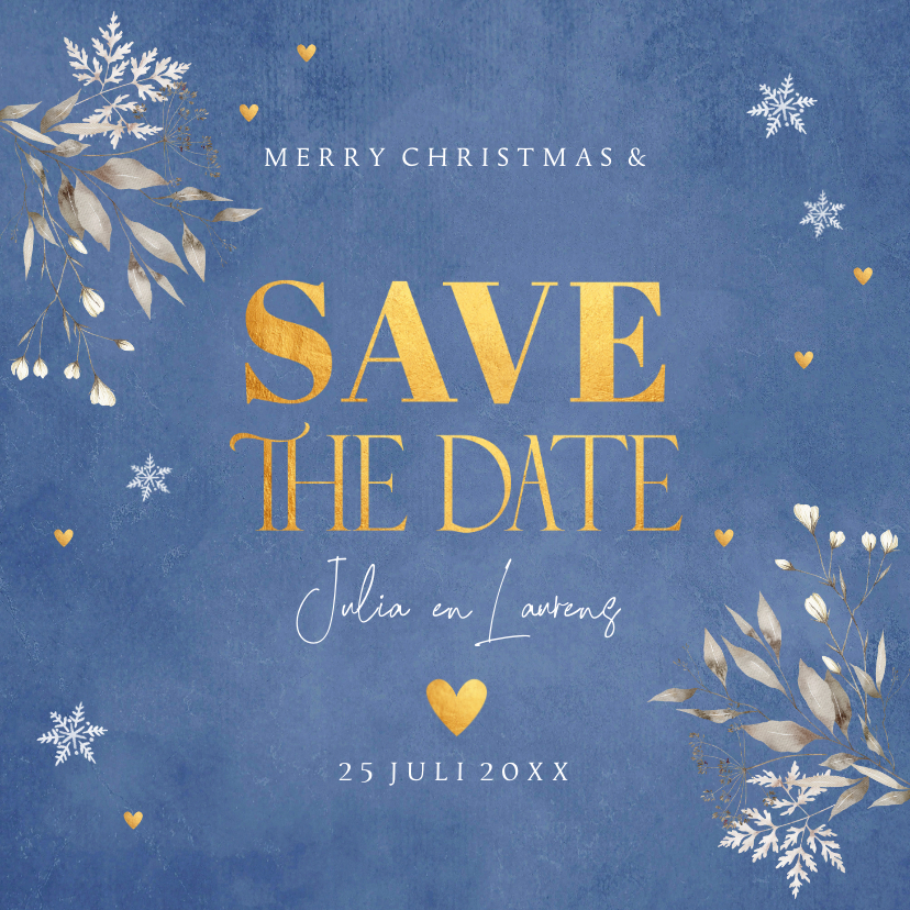 Kerstkaarten - Save the Date kerstkaart blauw botanisch goudlook