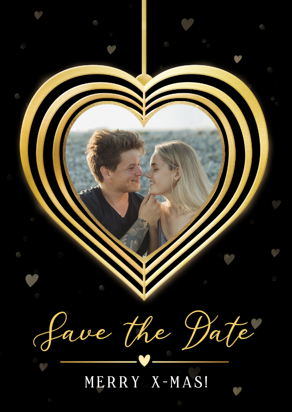 Kerstkaarten - Save the Date kerstkaart met gouden hart en eigen foto