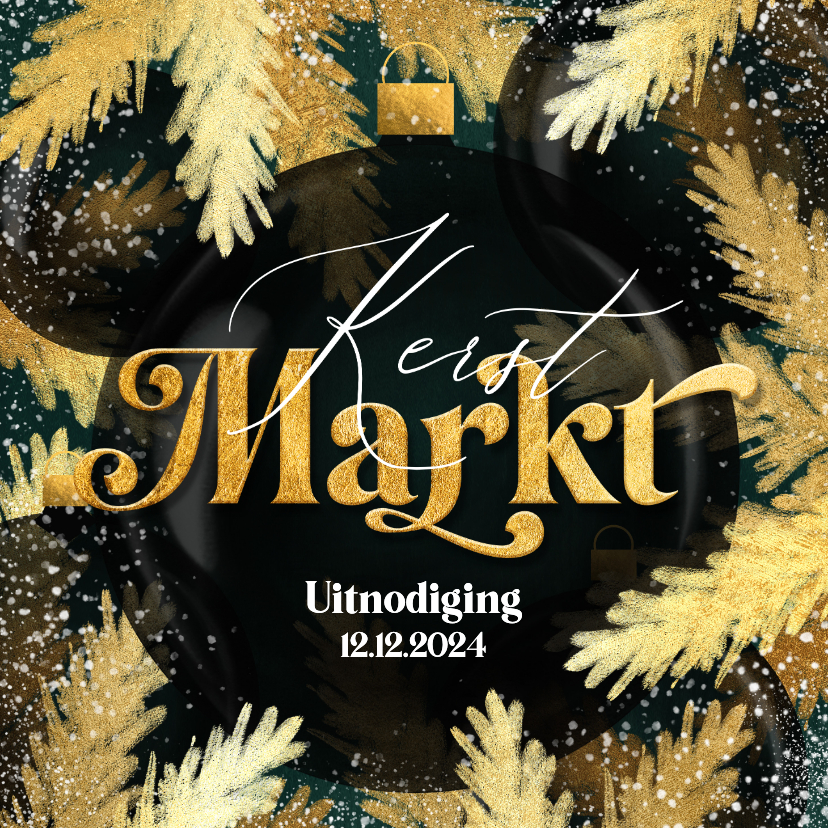 Kerstkaarten - Sfeervolle uitnodiging kerstmarkt botanisch goud kerstbal