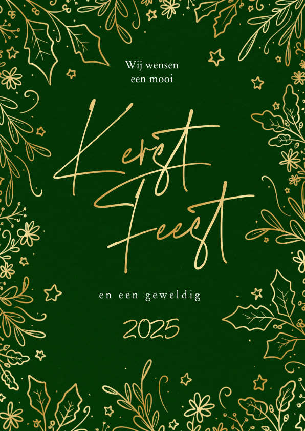 Kerstkaarten - Sierlijke kerstkaart met botanische rand in goud