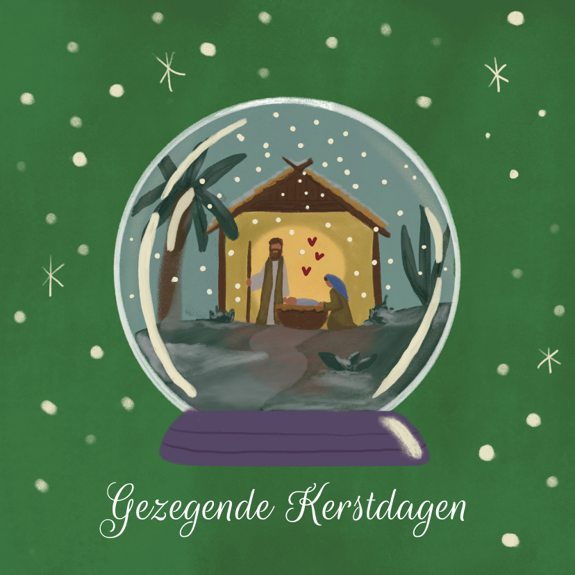 Kerstkaarten - Sneeuwbol met kersttafereel Jozef, Maria en baby Jezus