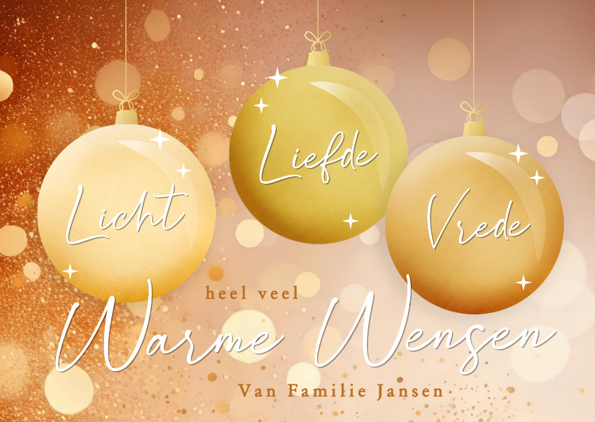 Kerstkaarten - Sprankelende kerstkaart met kerstballen licht liefde vrede