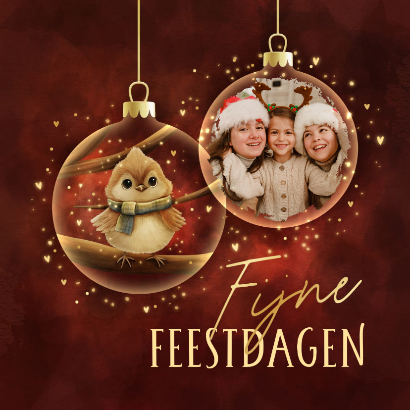 Kerstkaarten - Sprankelende kerstkaart vogel in kerstbal fijne feestdagen