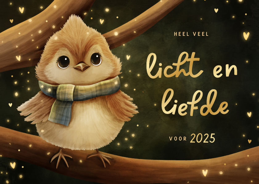 Kerstkaarten - Sprankelende kerstkaart vogeltje licht en liefde voor 2025