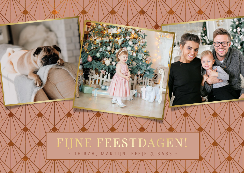 Kerstkaarten - Stijlvolle art -deco roze kerstkaart met 3 eigen foto's