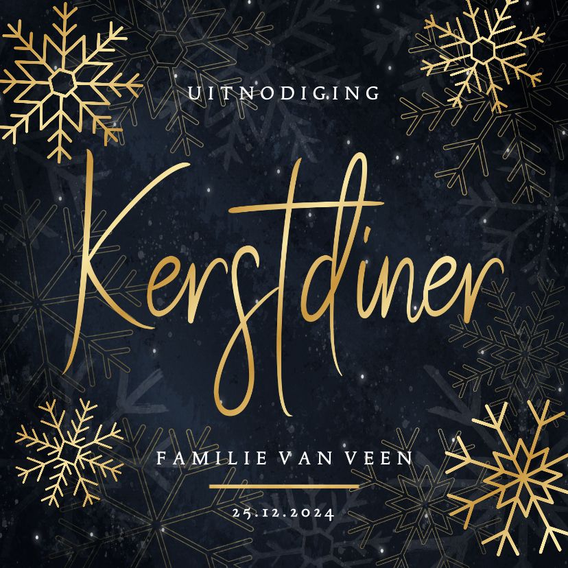 Kerstkaarten - Stijlvolle kerstdiner uitnodiging gouden sneeuwvlokken