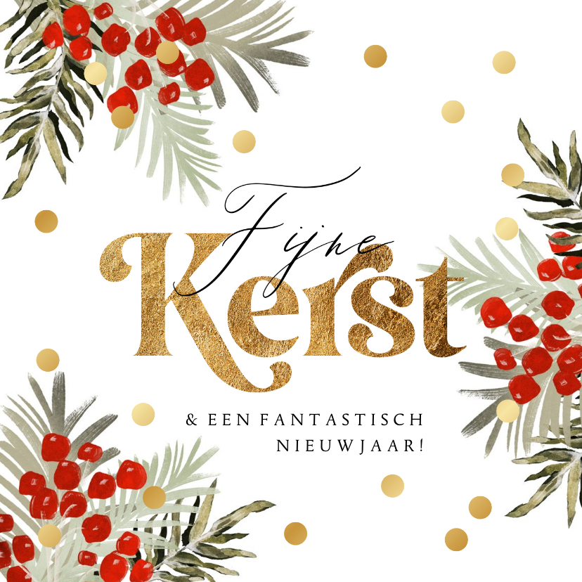 Kerstkaarten - Stijlvolle kerstkaart botanische kersttakken stippen goud