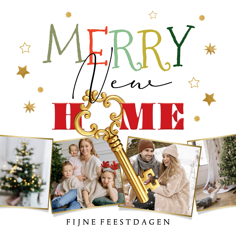 Kerstkaarten - Stijlvolle kerstverhuiskaart collage Merry New Home sleutel 