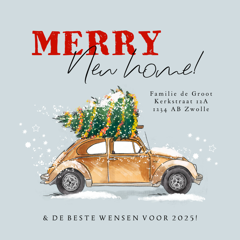 Kerstkaarten - Stijlvolle kerstverhuiskaart illustratie auto kerstboom ster