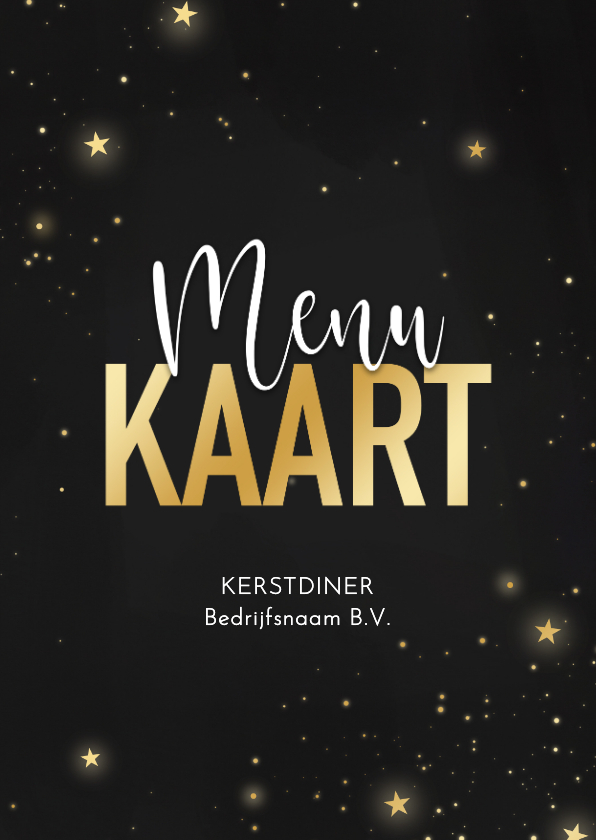 Kerstkaarten - Stijlvolle menukaart kerstdiner zwart sterretjes goud 