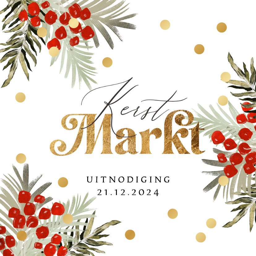 Kerstkaarten - Stijlvolle uitnodiging kerstmarkt botanische takken goud