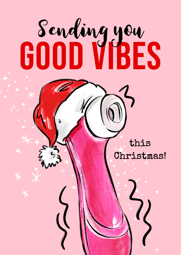 Kerstkaarten - Stoute kerstkaart 'Good vibes satisfyer' kerstmuts sterren