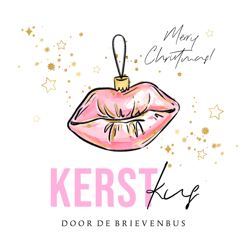 Kerstkaarten - Trendy kerstkaart 'Kerst Kus' kitsch kerstbal goud sterren