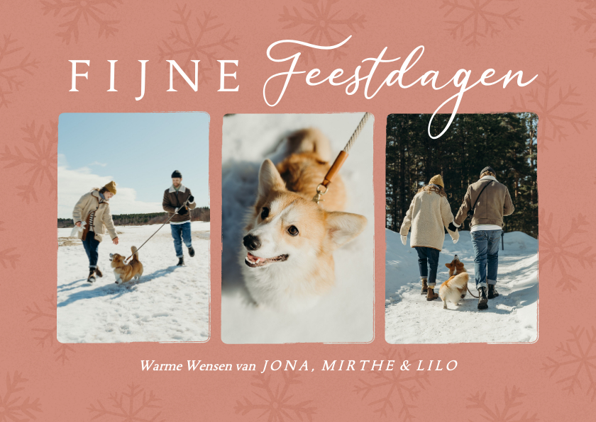 Kerstkaarten - Trendy kerstkaart met fotos en sneeuwvlokken in oudroze