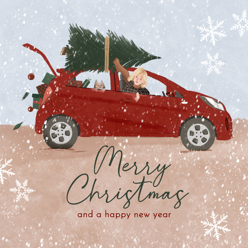 Kerstkaarten - Trendy kerstkaart met illustratie auto met kerstboom