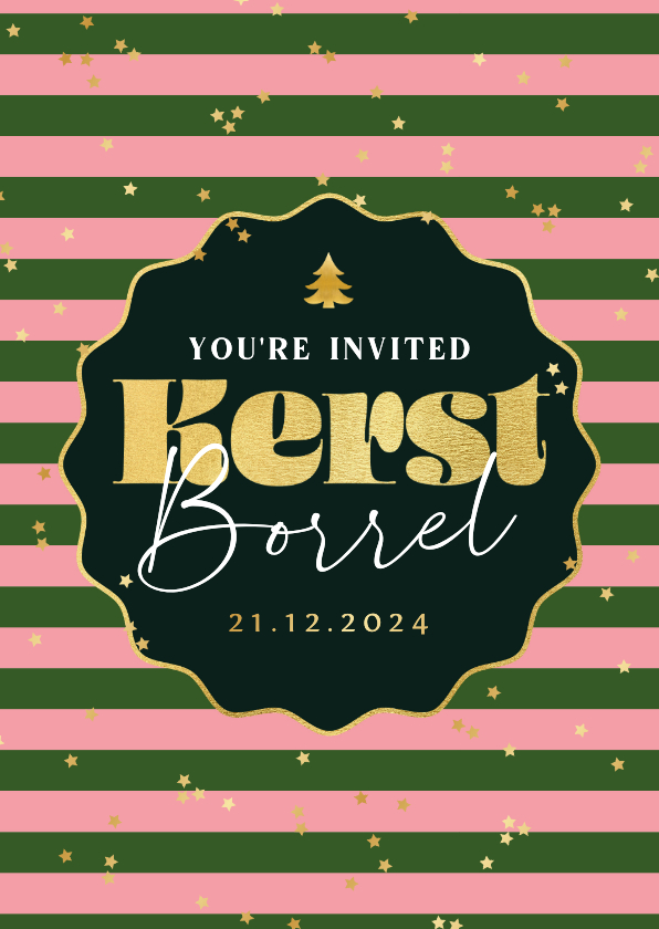 Kerstkaarten - Trendy uitnodiging kerstborrel sterrenconfetti goud streep