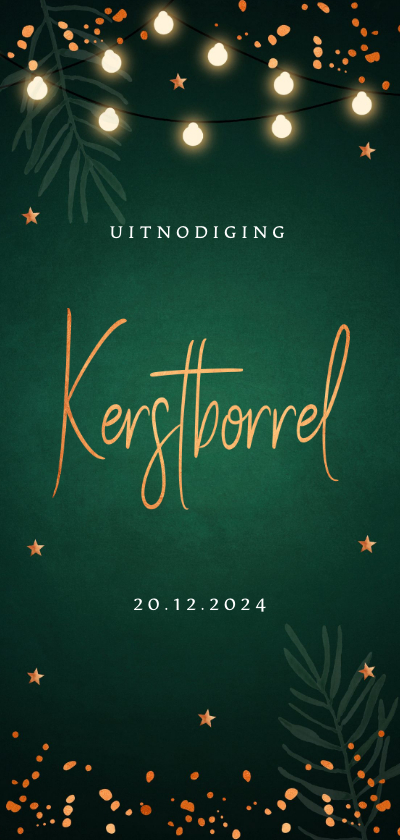 Kerstkaarten - Uitnodiging kerstborrel groen langwerpig koperlook