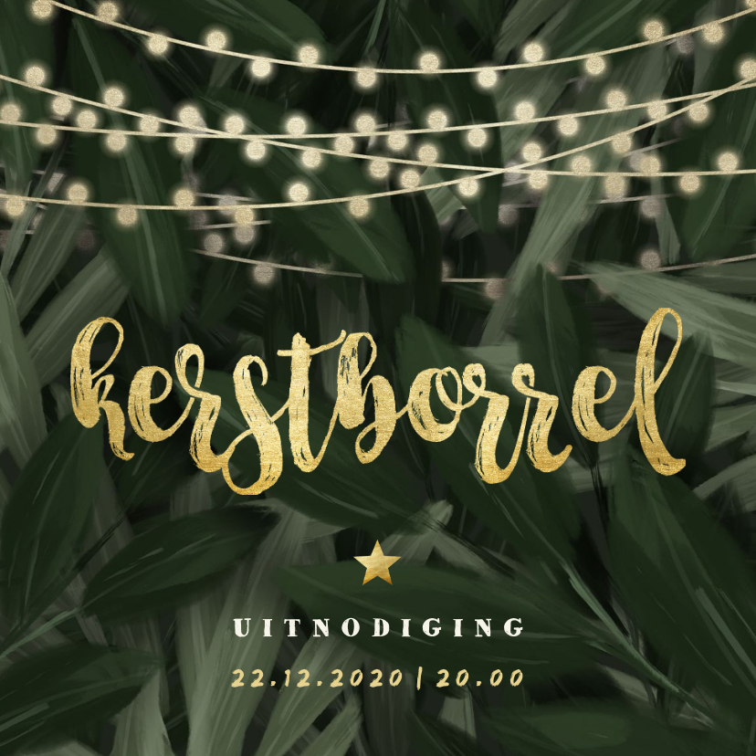 Kerstkaarten - Uitnodiging kerstborrel jungle bladeren met lampjes