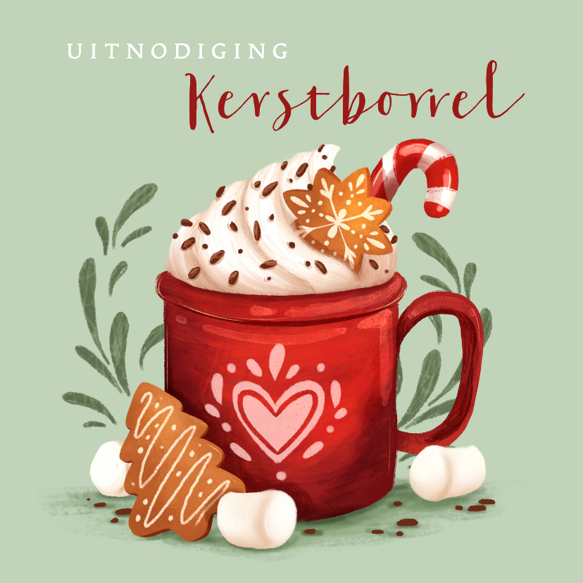 Kerstkaarten - Uitnodiging kerstborrel met illustratie en kerstkoekjes