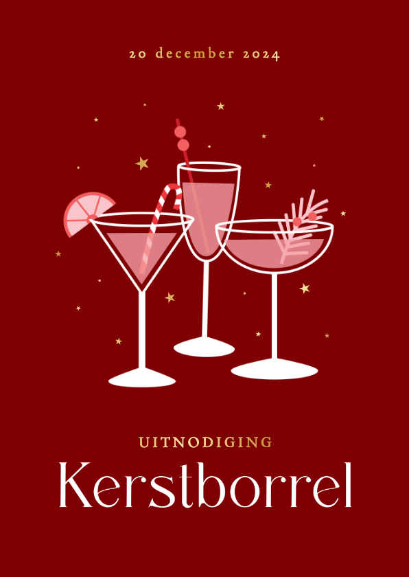 Kerstkaarten - Uitnodiging kerstborrel met kerst cocktails gouden sterren