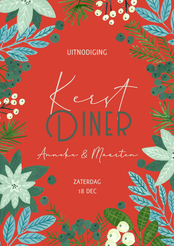 Kerstkaarten - Uitnodiging kerstdiner botanische illustratie kerst