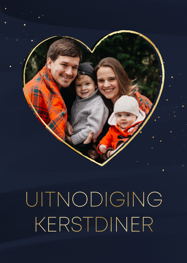 Kerstkaarten - Uitnodiging kerstdiner donkerblauw met goudlook en foto