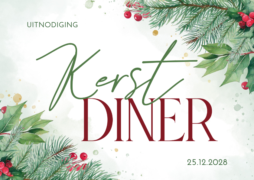 Kerstkaarten - Uitnodiging kerstdiner met hulst- en kersttakjes liggend