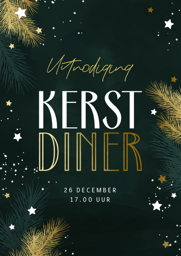 Kerstkaarten - Uitnodiging kerstdiner met kersttakjes en gouden sterren