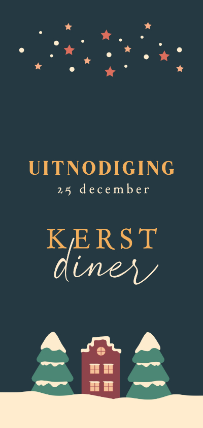 Kerstkaarten - Uitnodiging kerstdiner met sterren en kersthuisje