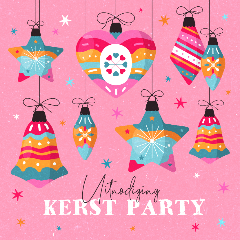 Kerstkaarten - Uitnodiging kerstfeest party kerstballen kleurrijk trend