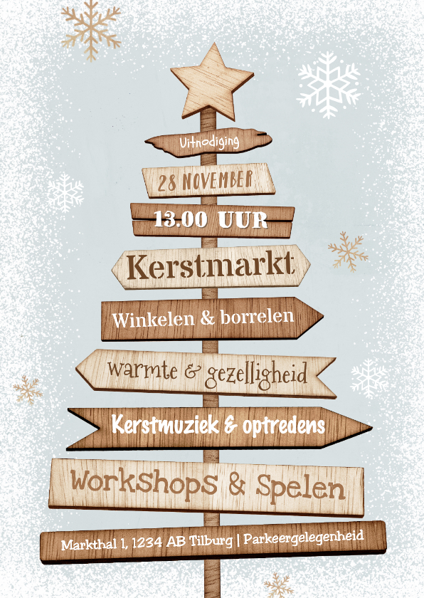 Kerstkaarten - Uitnodiging kerstmarkt kerstboom winter hout