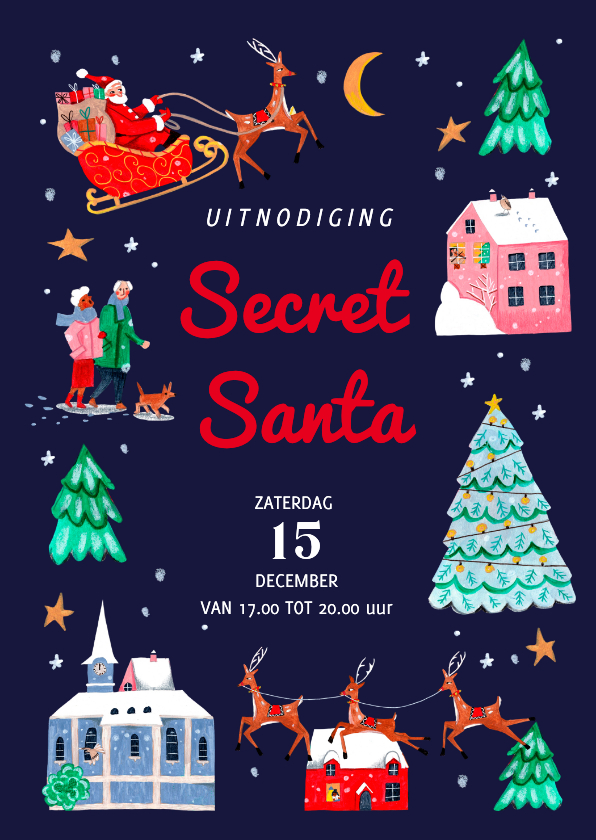 Kerstkaarten - Uitnodiging Secret Sant Kerstborrel