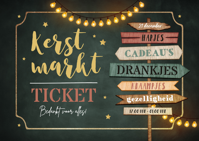 Kerstkaarten - Uitnodiging ticket voor kerstmarkt wegwijzers sterren