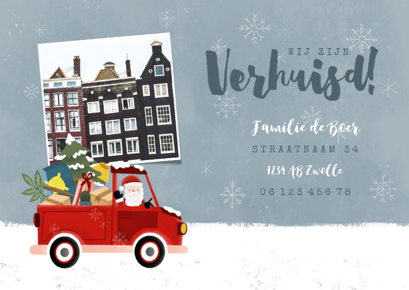 Kerstkaarten - Vrolijke kerst-verhuiskaart kerstman in pickup en foto